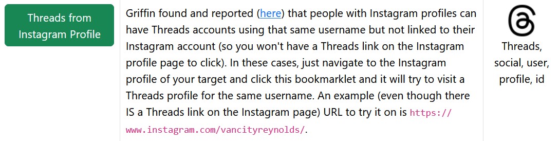Threads From Instagram Profile Bookmarklet